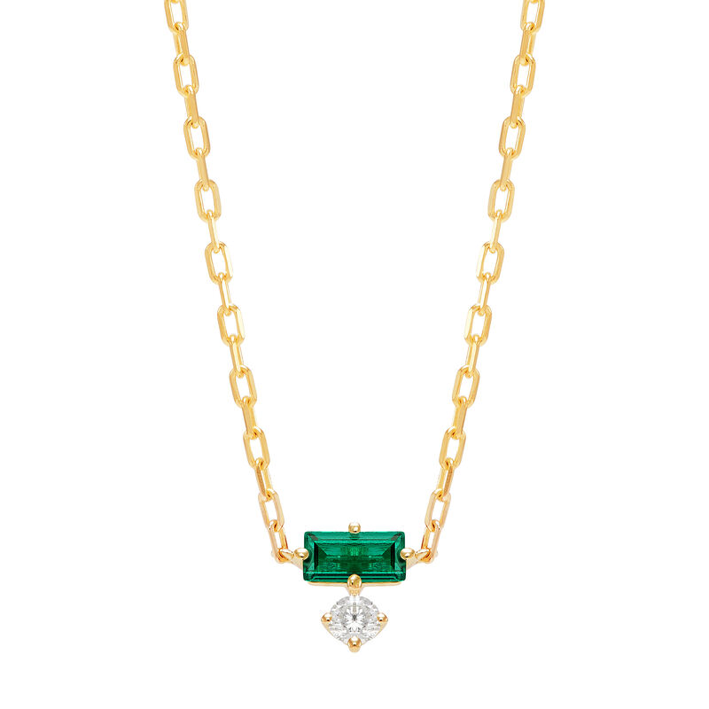 Lab Grown Diamond Accent and Lab-Created Emerald Necklace in 10K Yellow Gold