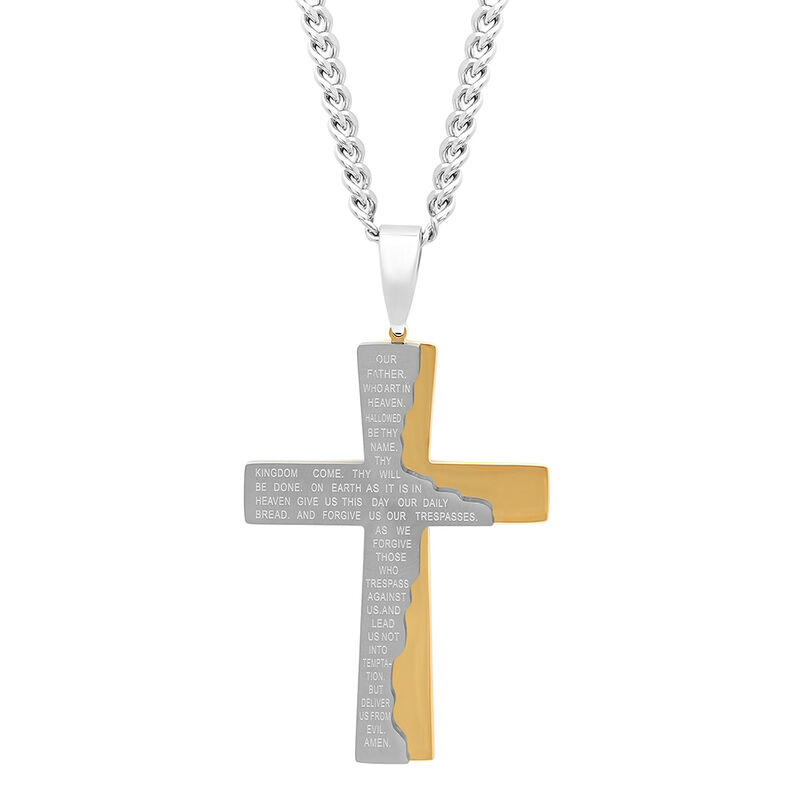 The Lord&#39;s Prayer Cross Pendant in Yellow and White Stainless Steel