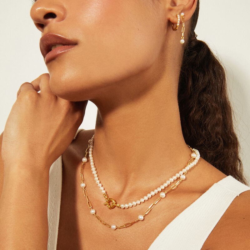 Pearl and Paperclip Chain Station Necklace in Vermeil, 18&quot;