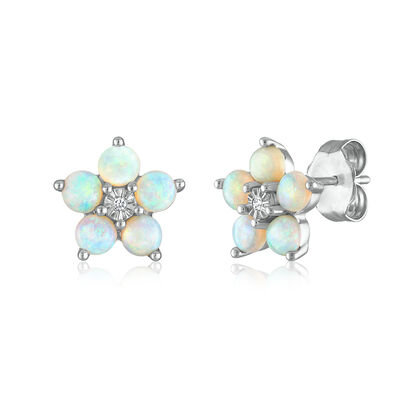 Opal & Diamond Accent Flower Earrings in 14K Gold