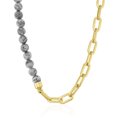 Men's Gray Agate Bead Necklace with Paperclip Chain in Vermeil