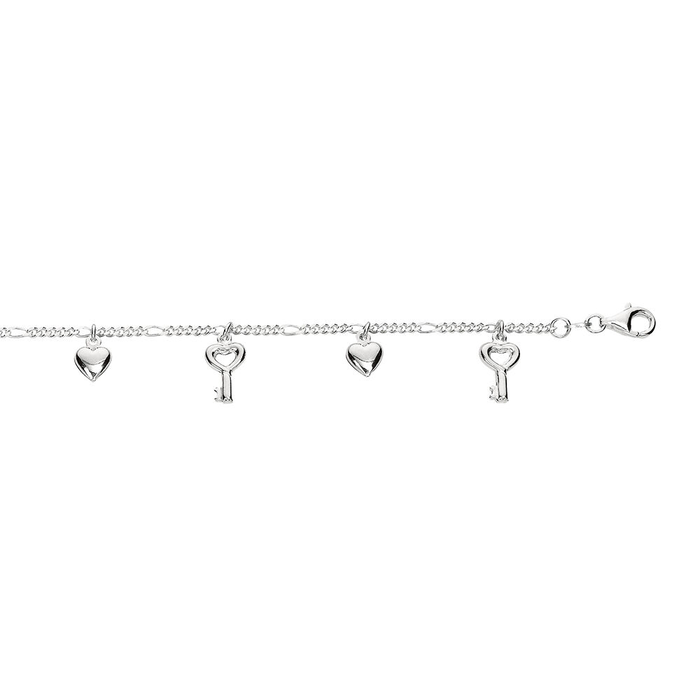 Charm Anklet with Keys & Hearts in Sterling Silver