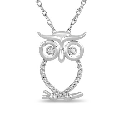 Owl Pendant with Diamond Accents in Sterling Silver