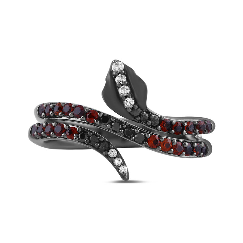 Snake Jafar Garnet and Black and White Diamond Ring in Sterling Silver &#40;1/7 ct. tw.&#41;