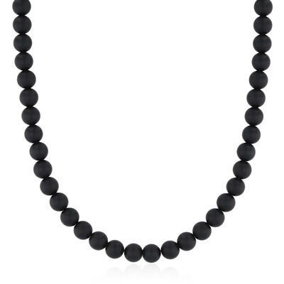 Men's Matte Black Onyx Bead Necklace in Stainless Steel