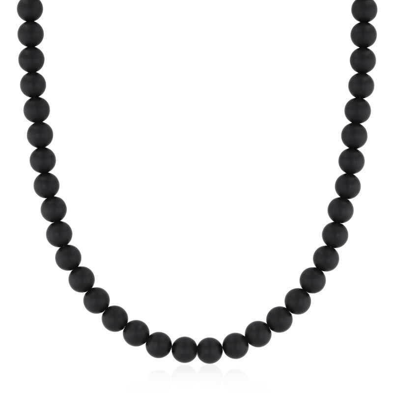 Men&#39;s Matte Black Onyx Bead Necklace in Stainless Steel