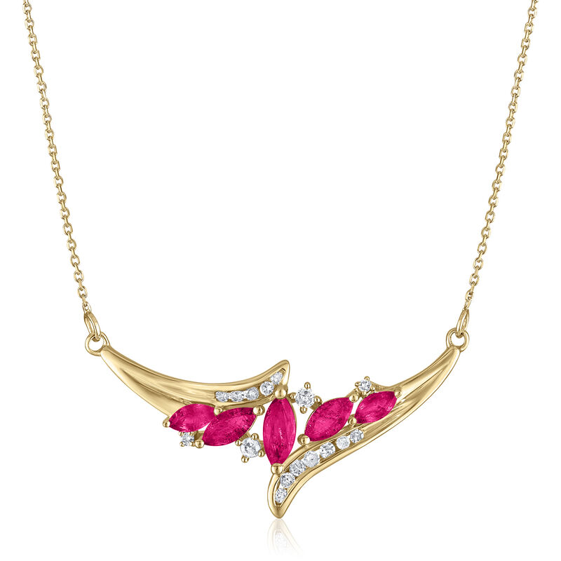 Diamond and Marquise Ruby Necklace in 14K Yellow Gold, 1/7 ct. tw