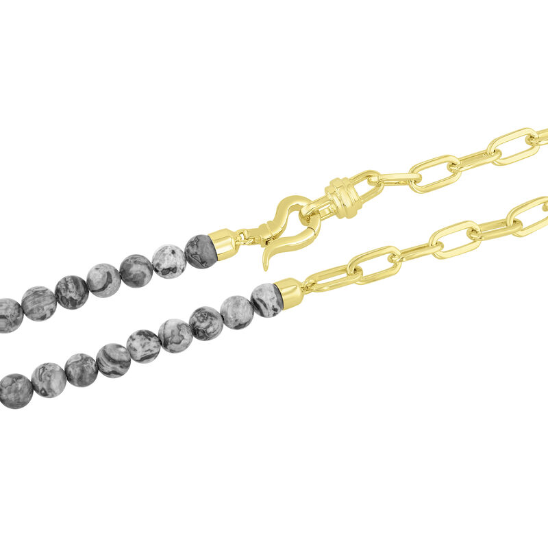 Men&#39;s Gray Agate Bead Necklace with Paperclip Chain in Vermeil