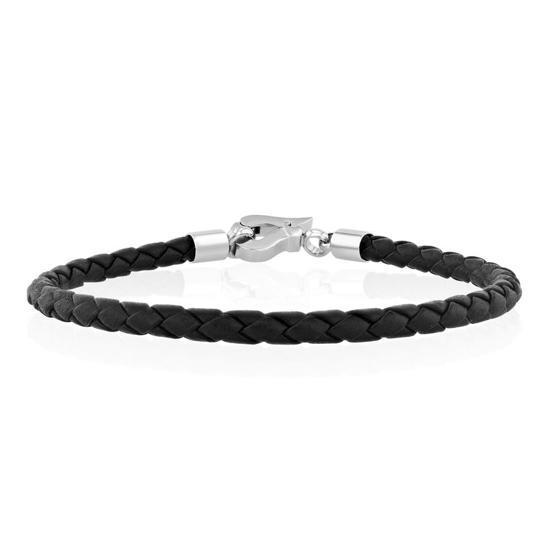 Men&#39;s Black Woven Leather Bracelet with Stainless Steel