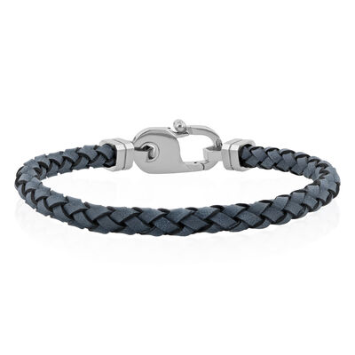 Gray Leather Bracelet in White Stainless Steel, 8.75
