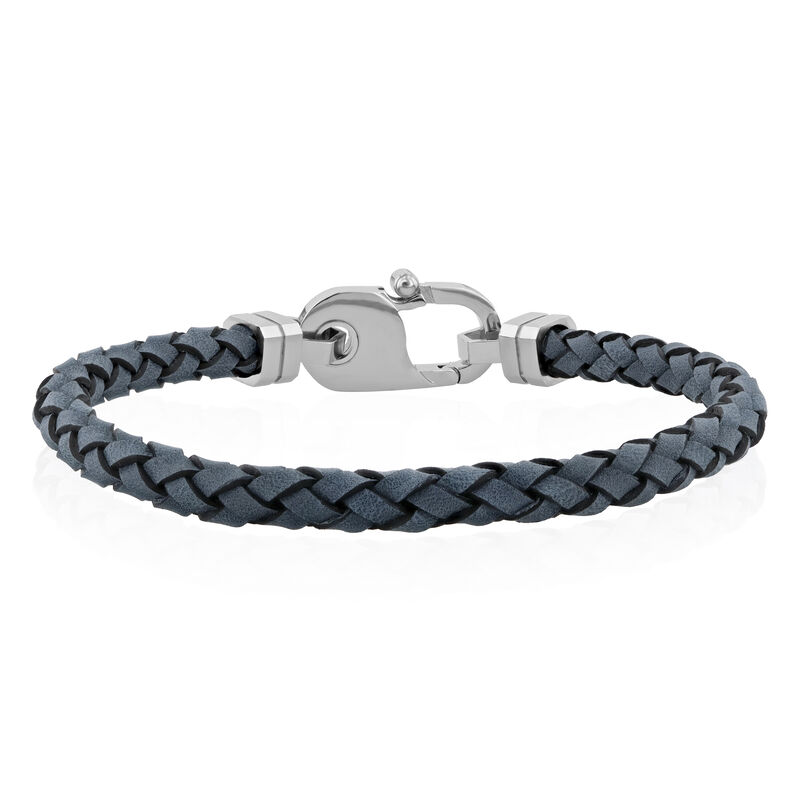 Gray Leather Bracelet in White Stainless Steel, 8.75&quot;