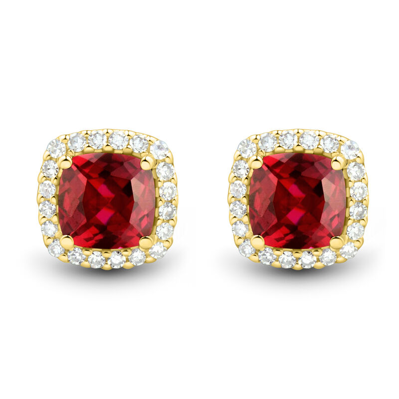 Lab-Created Cushion-Cut Ruby and Lab Grown Diamond Earrings in 10K Yellow Gold &#40;1/4 ct. tw.&#41;