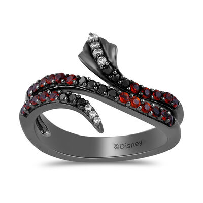 Snake Jafar Garnet and Black and White Diamond Ring in Sterling Silver (1/7 ct. tw.)