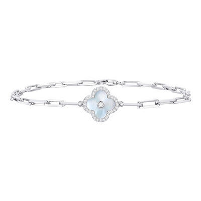 Mother of Pearl and Diamond Clover Bracelet in Sterling Silver