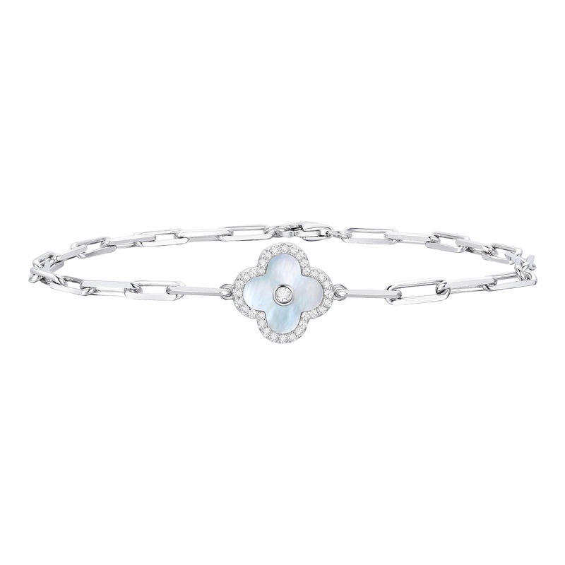 Mother of Pearl and Diamond Clover Bracelet in Sterling Silver