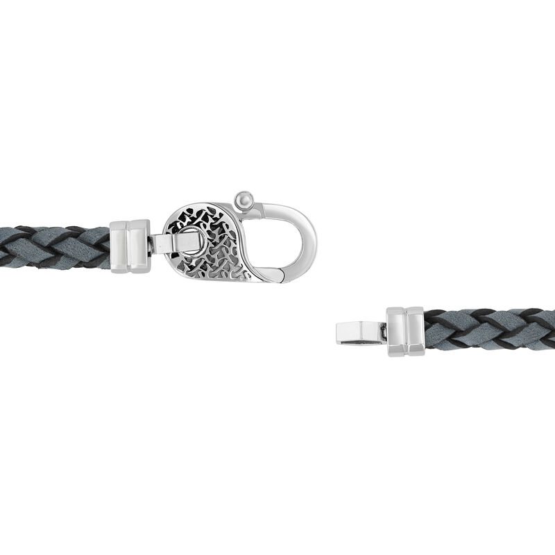 Gray Leather Bracelet in White Stainless Steel, 8.75&quot;