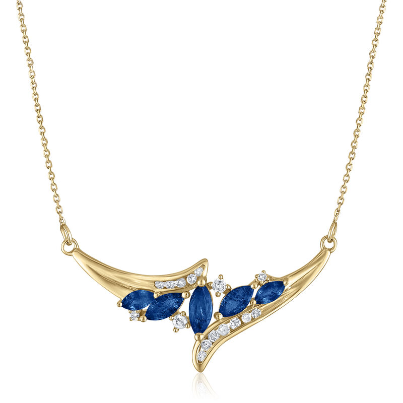 Diamond and Marquise Blue Sapphire Necklace in 14K Yellow Gold, 1/7 ct. tw