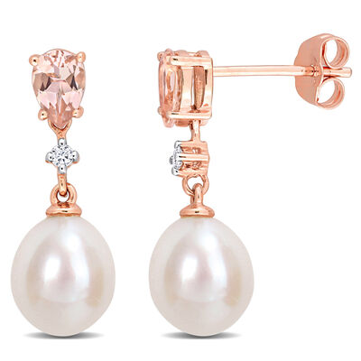 Pearl Earrings with Morganite and Diamond Accent in 10K Rose Gold