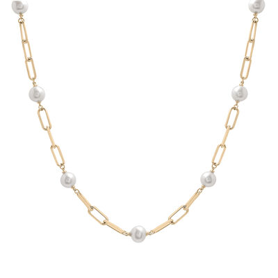 Pearl and Paperclip Chain Station Necklace in Vermeil, 18