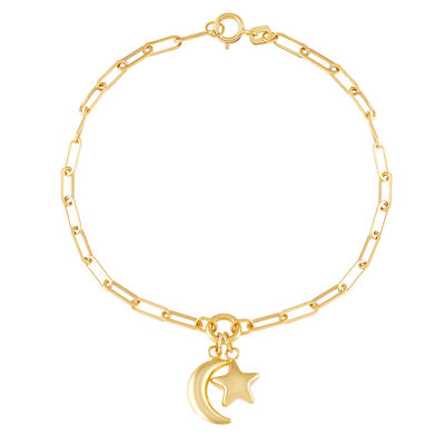 Paperclip Chain Bracelet with Moon & Star Charms in 14K Yellow Gold, 7.5”