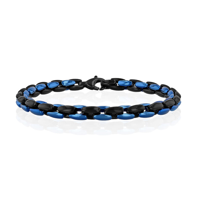 Men&rsquo;s Two-Tone Link Bracelet in Black &amp; Blue Ion-Plated Stainless Steel