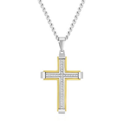 Men's Diamond Cross Pendant in White & Yellow Stainless Steel (1/7 ct. tw.)