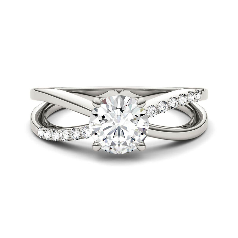 Round Moissanite Ring with Crisscross Band in 14K White Gold &#40;1 1/8 ct. dew&#41;