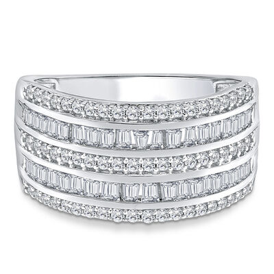 Round and Baguette Multi-Row Diamond Band in 14K Gold