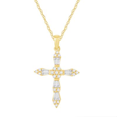 Round and Baguette Diamond Cross Pendant in 14K Yellow Gold (1/4 ct. tw.)