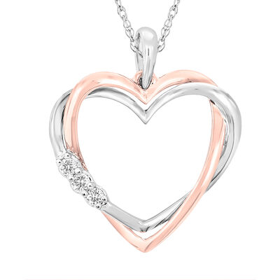 Double Heart Pendant with Diamond Accents in 10K White & Rose Gold