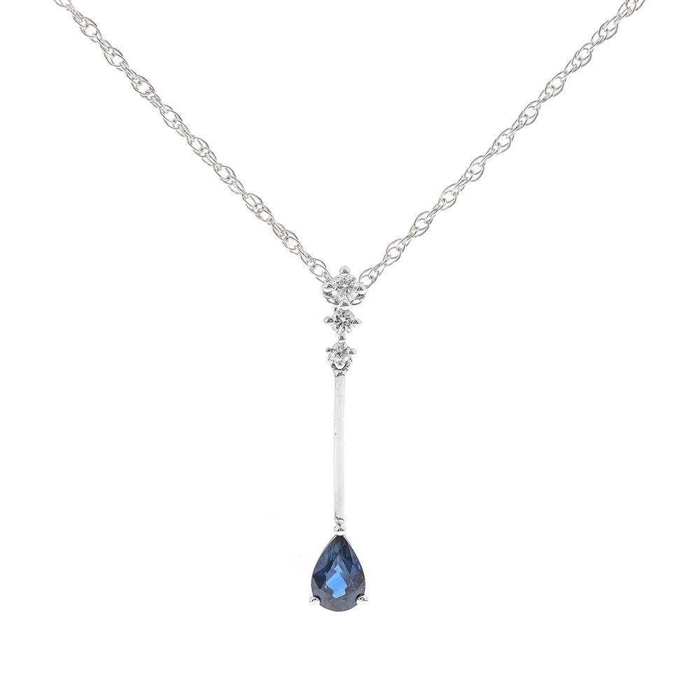 10k White Gold Genuine Pear-shape Sapphire and Diamond Halo Drop Pendant  With Chain - 1C576A