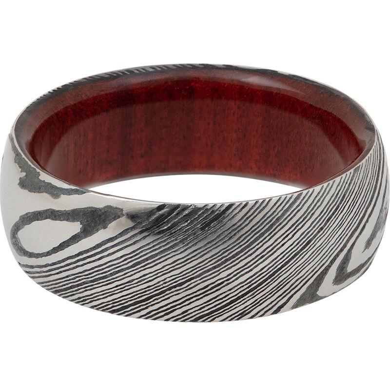 Men&rsquo;s Wedding Band with Wood Sleeve in Damascus Steel, 8mm