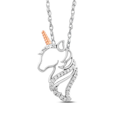 Diamond Unicorn Pendant in Sterling Silver and 10K Rose Gold (1/10 ct. tw.)
