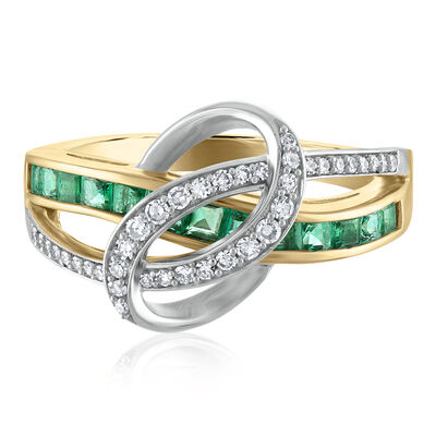 Princess-Cut Emerald and Round Diamond Ring in 14K White and Yellow Gold (1/5 ct. tw.)