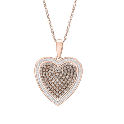 Round and Baguette Diamond Heart Pendant in 10K Rose Gold (1/2 ct. tw.)