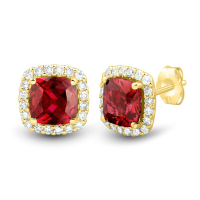 Lab-Created Cushion-Cut Ruby and Lab Grown Diamond Earrings in 10K Yellow Gold (1/4 ct. tw.)