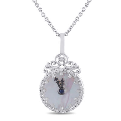Mother of Pearl and Blue Sapphire Cinderella Clock Pendant in Sterling Silver (1/7 ct. tw.)
