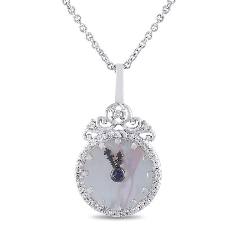 Mother of Pearl and Blue Sapphire Cinderella Clock Pendant in Sterling Silver &#40;1/7 ct. tw.&#41;