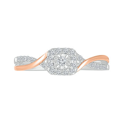 Halo Promise Ring with Diamond Twist Band in Sterling Silver & 10K Rose Gold (1/5 ct. tw.)