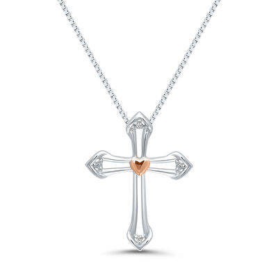 Diamond Open Cross & Heart Pendant in Sterling Silver & 14K Rose Gold