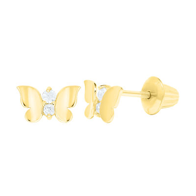 Children’s Butterfly Stud Earrings with Cubic Zirconia in 14K Yellow Gold