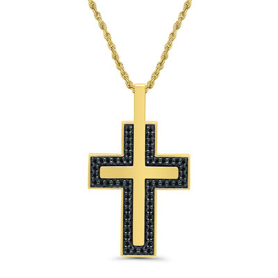 Men's Black Diamond Cross Pendant in 10K Yellow Gold (3/8 ct. tw.)