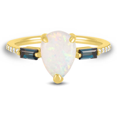 Pear-Shaped Lab-Created Opal, London Blue Topaz & Diamond Accent Ring in 10K Yellow Gold 