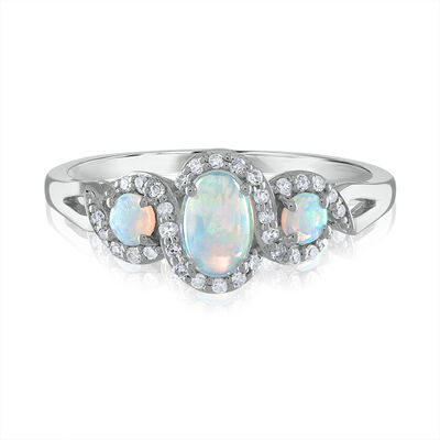 Oval Opal & Diamond Three-Stone Ring in 14K White Gold (1/7 ct. tw.)