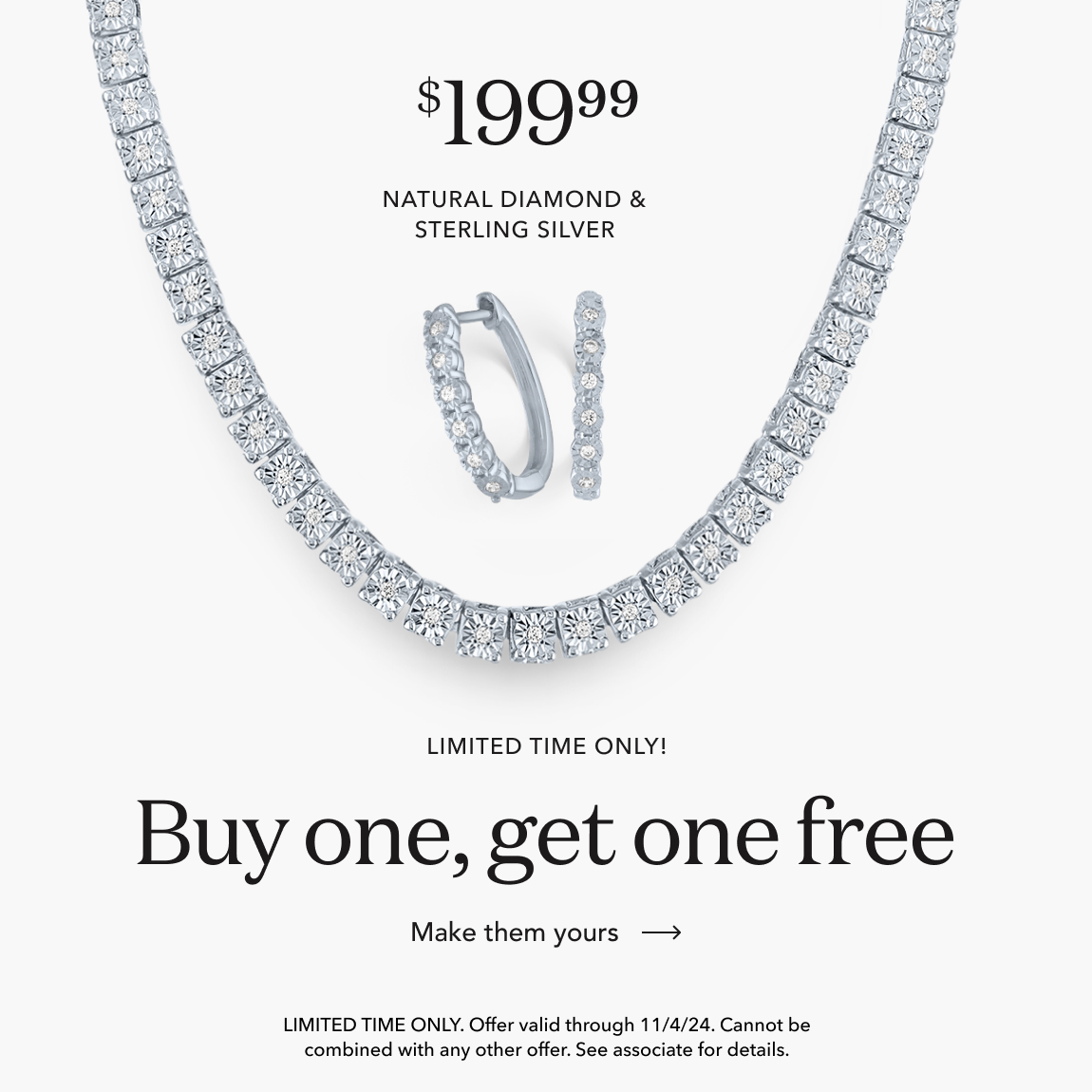 $199.99 Natural diamond & sterling silver. Limited Time Only! Buy one, get one free. Make them yours.