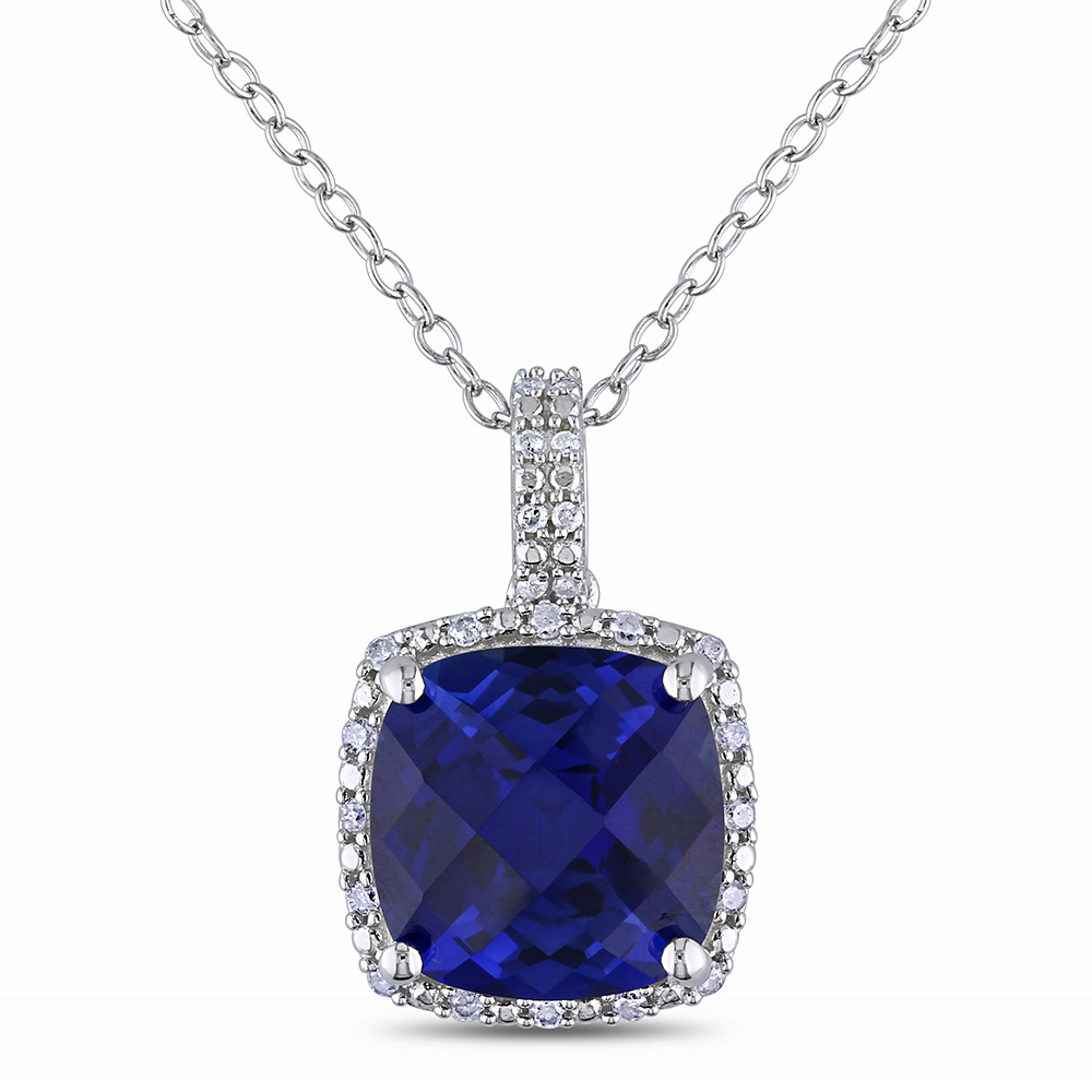 Lab Created Blue Sapphire & Diamond Pendant in Sterling Silver ...