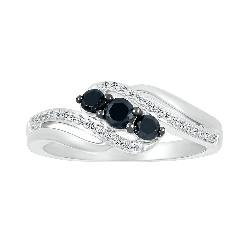 Mickey Mouse Ring Round Cut Black & White Sapphire Trio Ring 