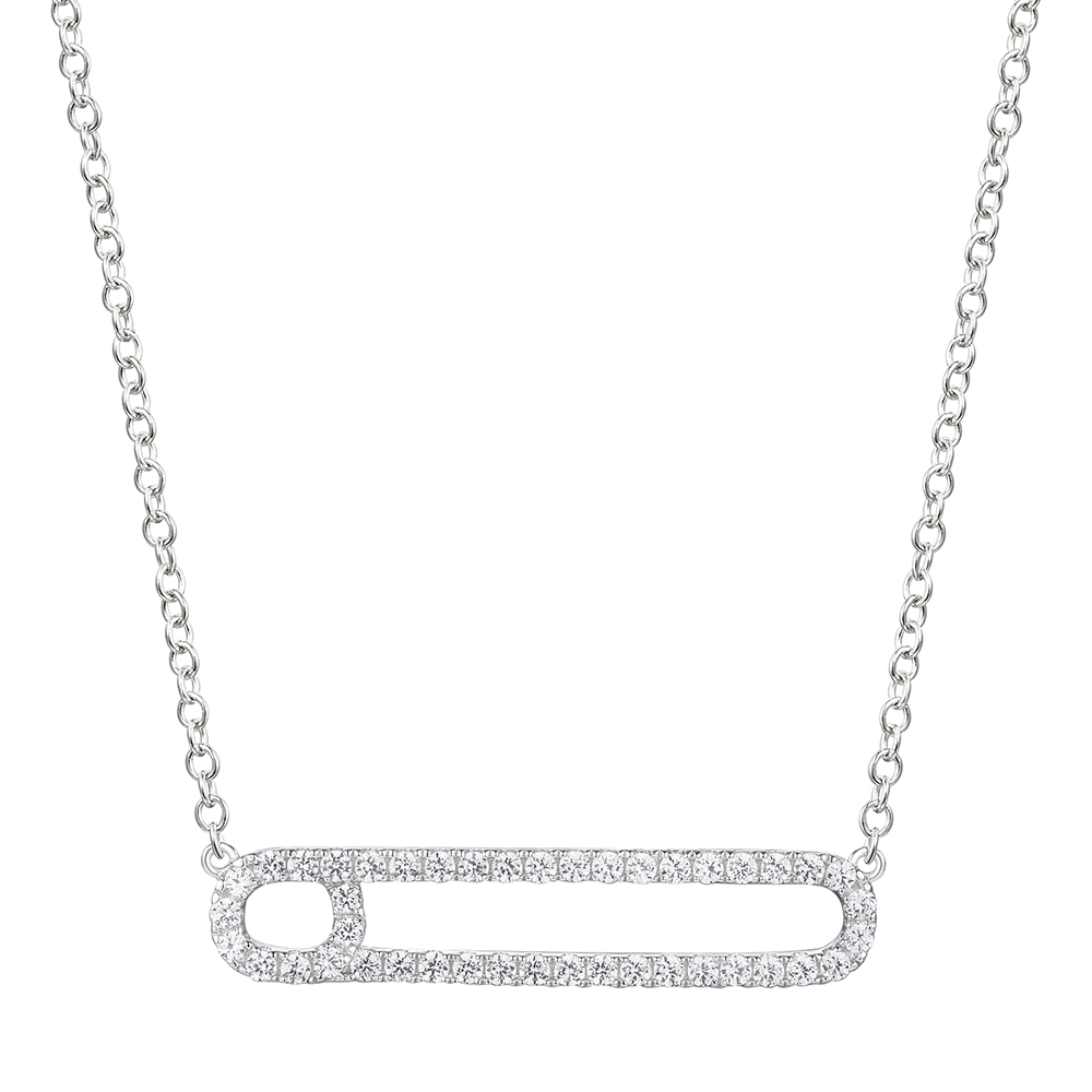 Hilton Diamond Toggle Necklace with Removable Pave Heart Charm and French Cable Chain 14K White Gold