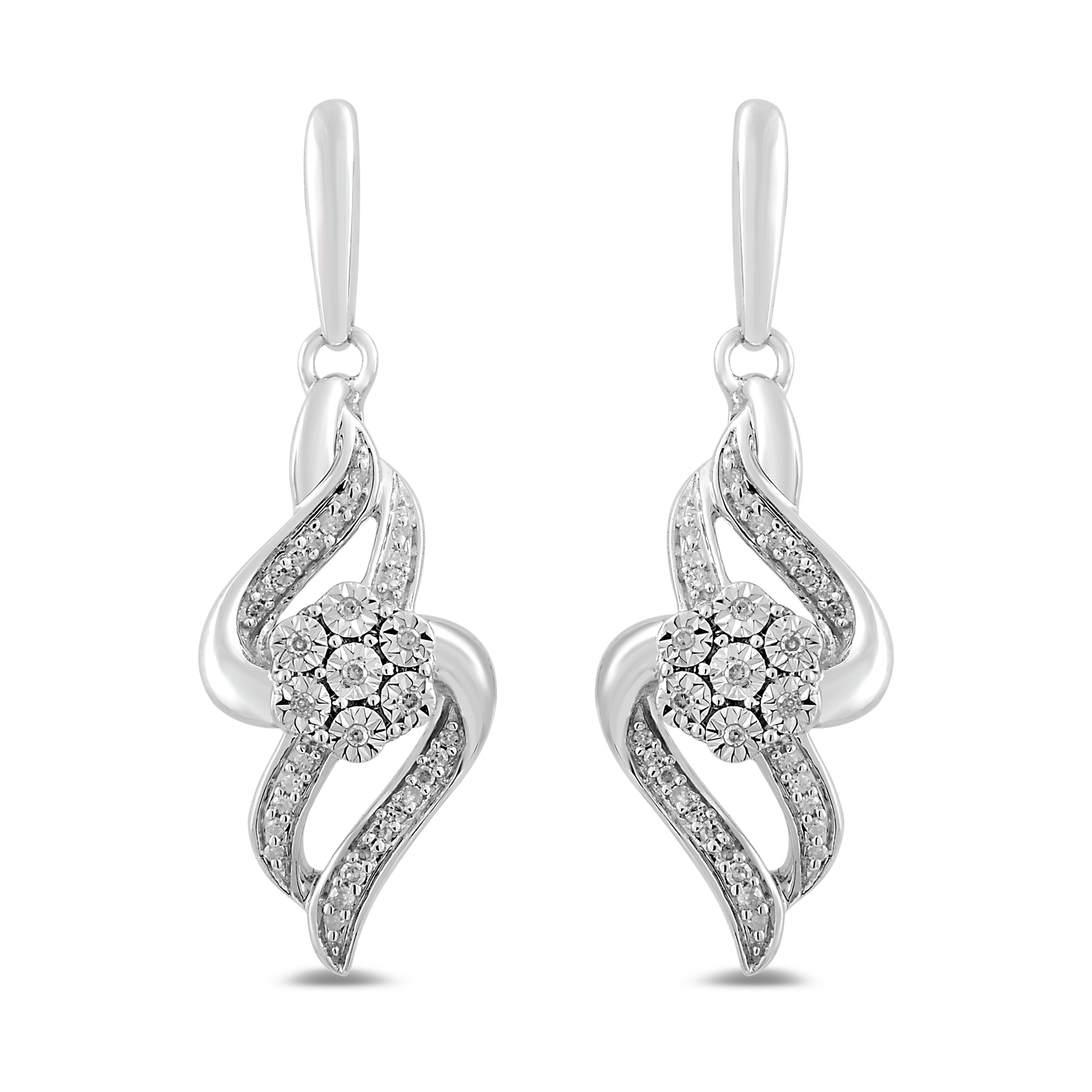 Diamond Drop Cluster Earrings in Sterling Silver