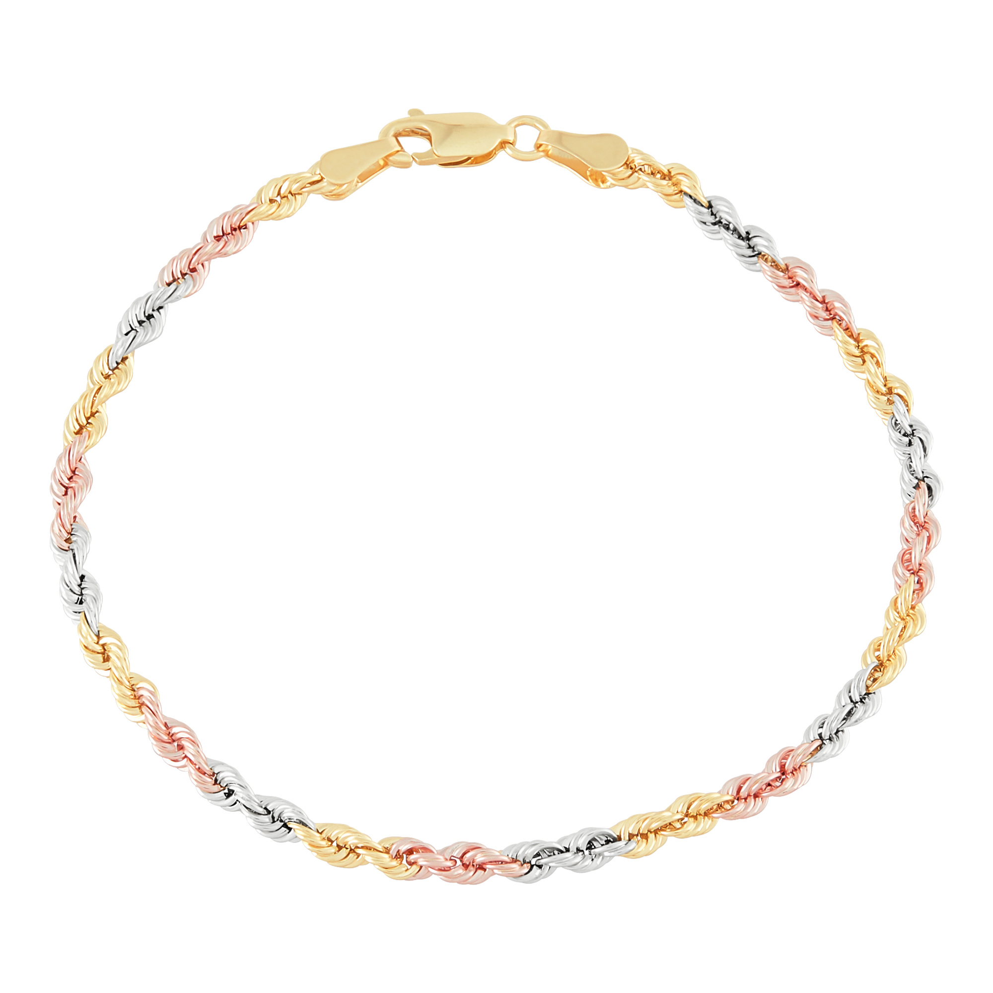 Tricolor Twisted Rope Bracelet in 10K Yellow, White & Rose Gold